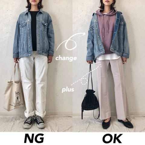 春アウターの定番「デニムジャケット」でやりがちNGコーデ&ダサ見え回避OKコーデ